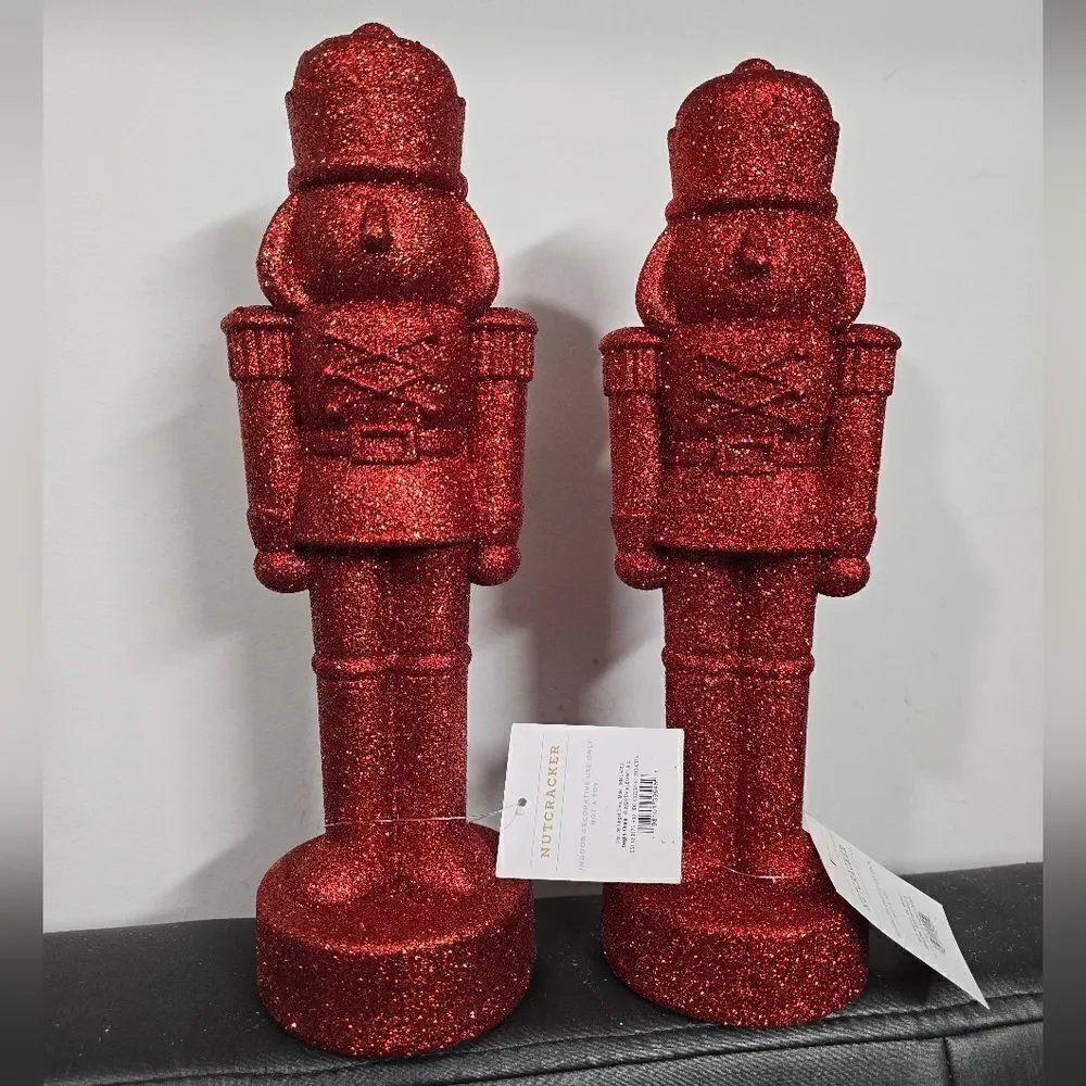 Set of 2 Red Glittered Christmas Decorative Nutcrackers, 11.5 in H, New